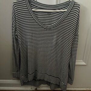 Grey Striped V-Neck Long Sleeve Top